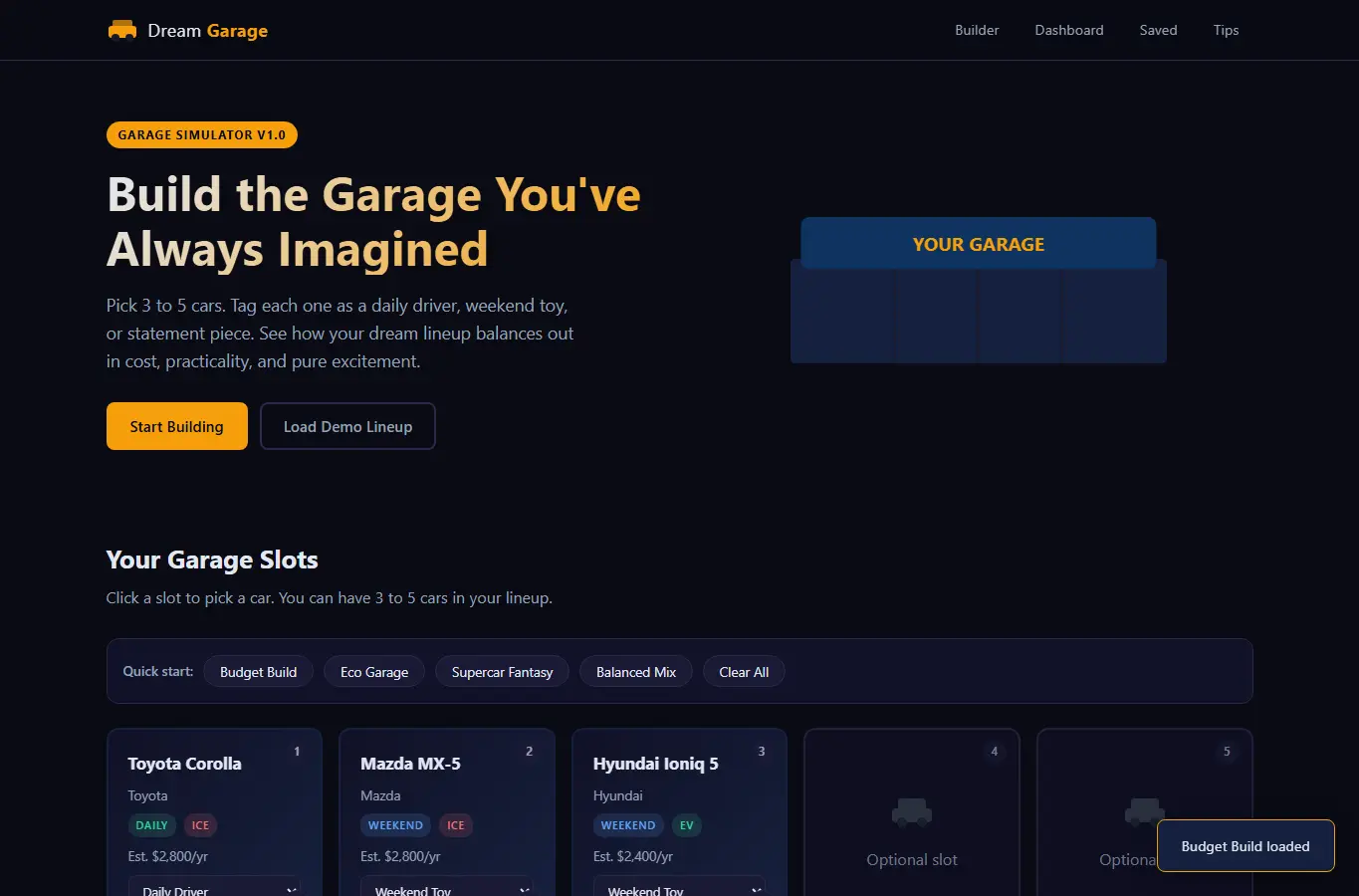 Screenshot of Dream Garage Lineup Simulator interface showing the project page in use